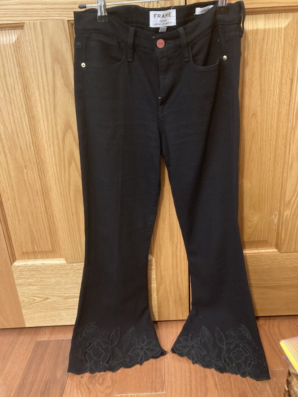Frame Black Cropped Flare Jeans with Scalloped Laser-Cut Hem
